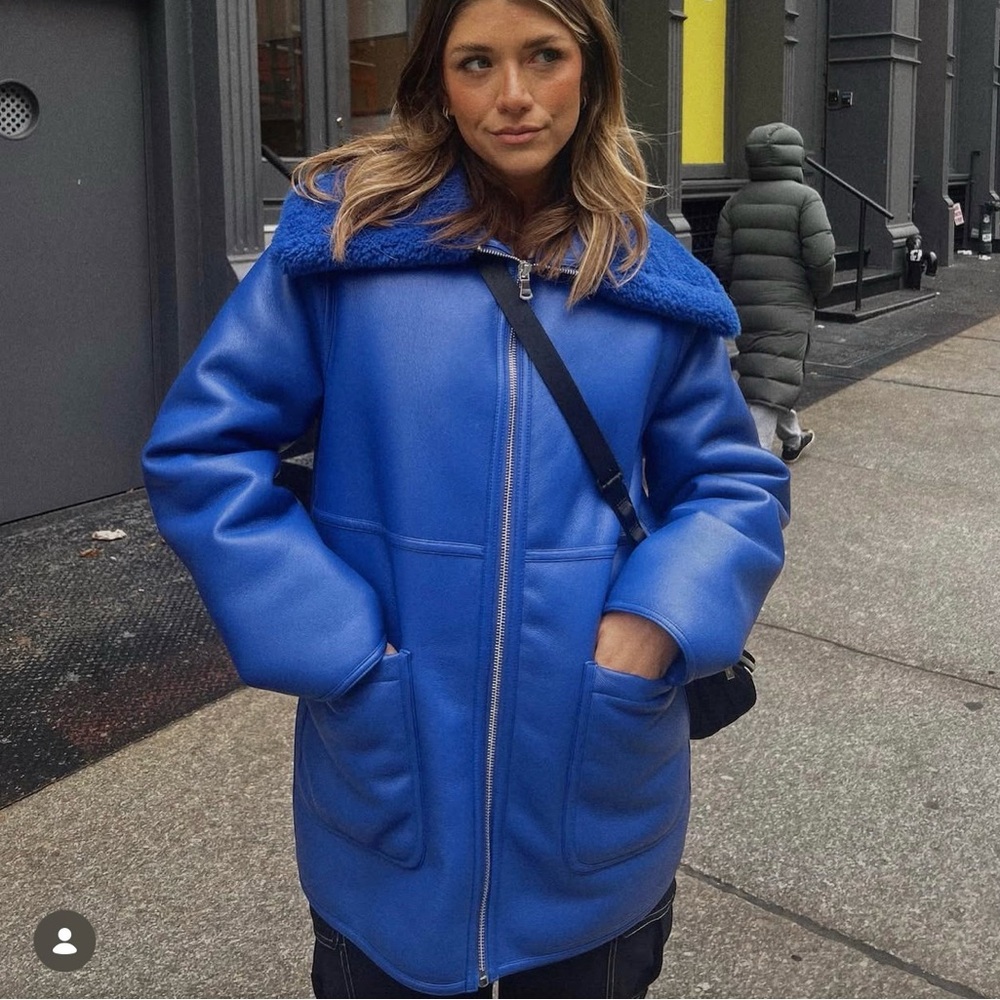 Mango faux blue leather coat